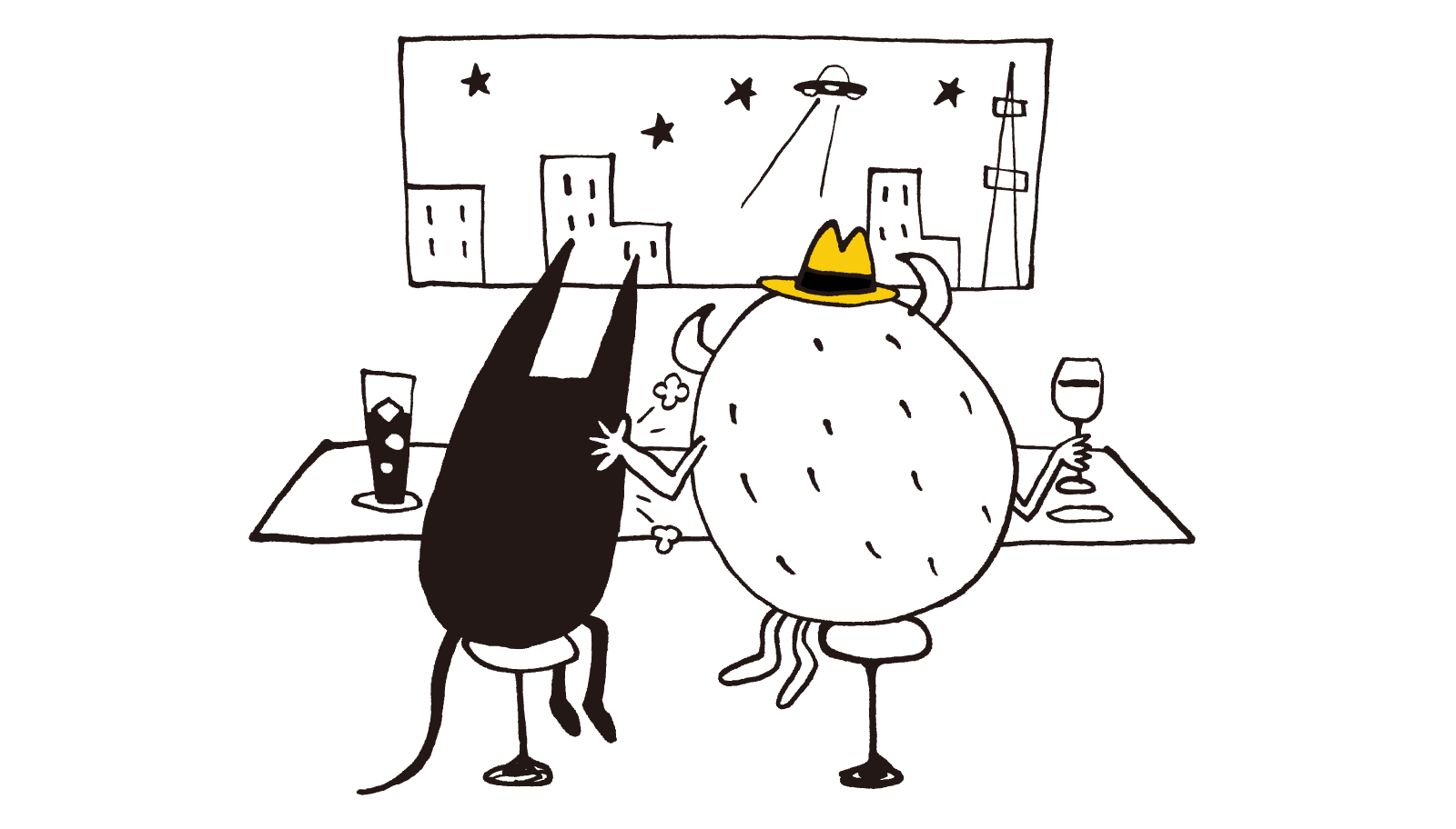 ２匹のキャラクターがバーのカウンター席で夜景を見ながらお酒を飲んでいるイラスト